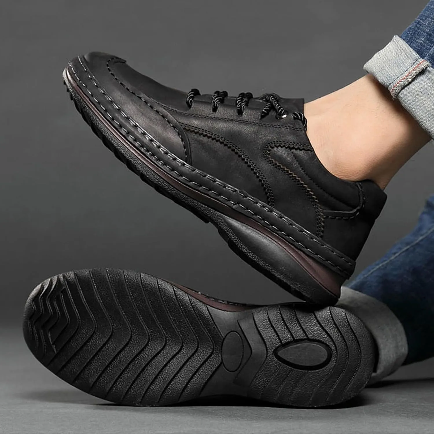 Mens Fashion Lightweight Leather Lace-Up Sneakers Low Top Round Toe Non-Slip Casual Shoes for Hiking Driving Walking Mountain Climbing