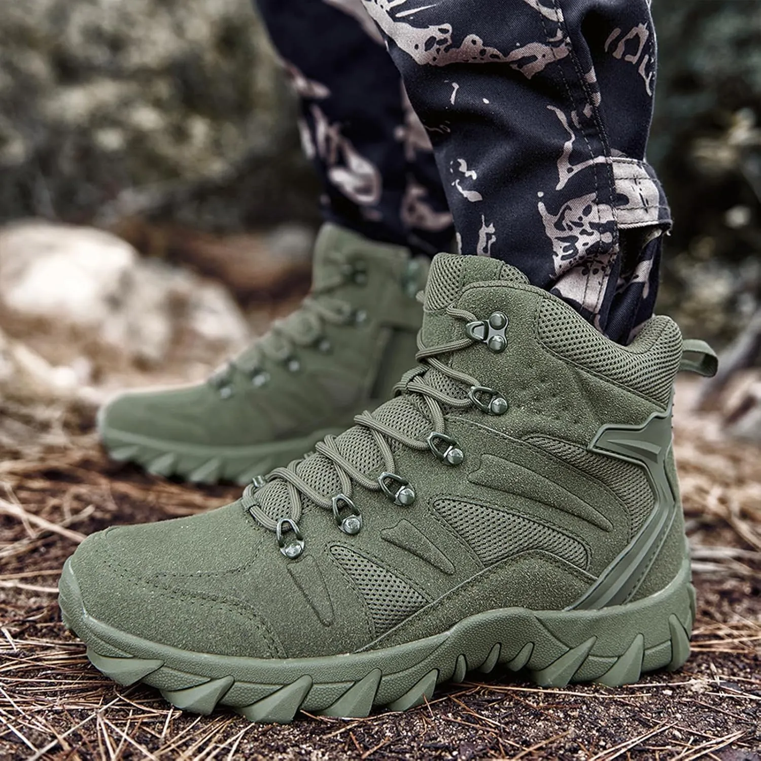 Men's Suede Platform Lace Up Hiking Boots Breathable Mesh Tactical Work Boots Non-Slip Lug Sole Side Zipper Military Boots Outdoor Trekking Backpacking Trails Boot