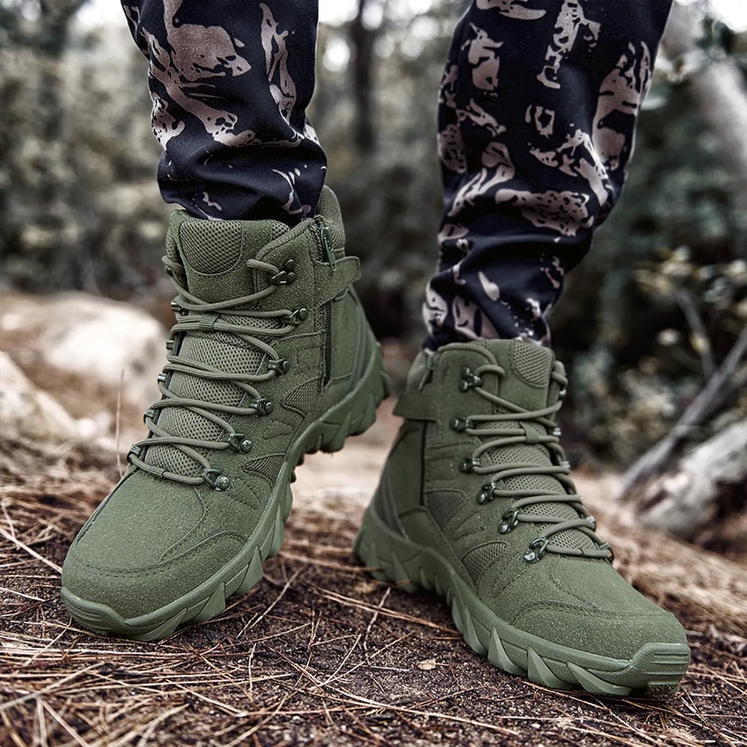 Men's Suede Platform Lace Up Hiking Boots Breathable Mesh Tactical Work Boots Non-Slip Lug Sole Side Zipper Military Boots Outdoor Trekking Backpacking Trails Boot