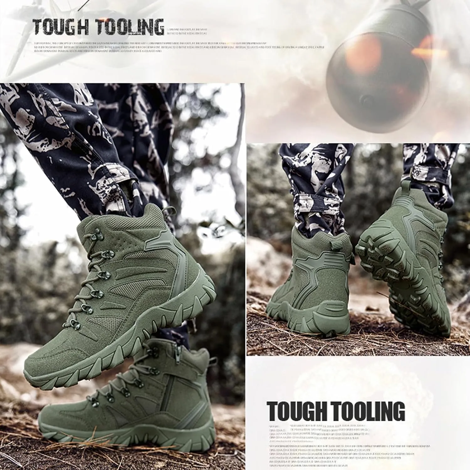 Men's Suede Platform Lace Up Hiking Boots Breathable Mesh Tactical Work Boots Non-Slip Lug Sole Side Zipper Military Boots Outdoor Trekking Backpacking Trails Boot