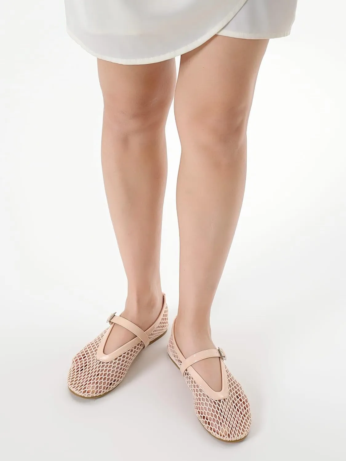 Mesh Flats for Women Mary Jane Flats with Straps Round Toe Buckle Slip on Flats Comfy Daily Casual Ballerina Shoes