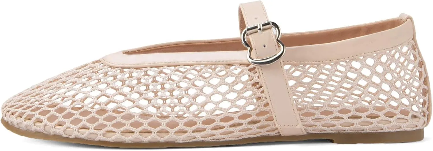 Mesh Flats for Women Mary Jane Flats with Straps Round Toe Buckle Slip on Flats Comfy Daily Casual Ballerina Shoes