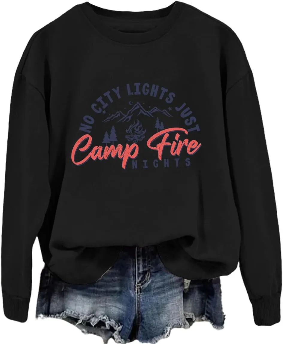 No City Lights Just Campfire Nights Sweatshirt Camping Life Sweater Camper Shirt Women Casual Campfire Pullover Tops