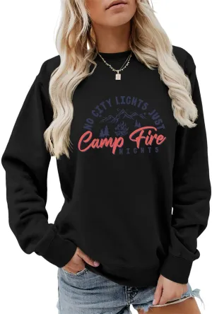 No City Lights Just Campfire Nights Sweatshirt Camping Life Sweater Camper Shirt Women Casual Campfire Pullover Tops