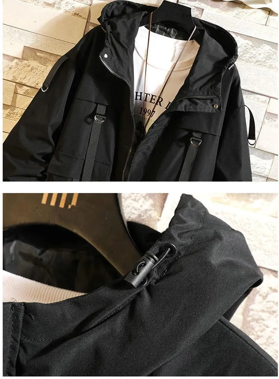 Nutriangee Mens Hip Hop Streetwear Windbreaker Jacket Lightweight Casual Outdoor Bomber with Ribbons Coat