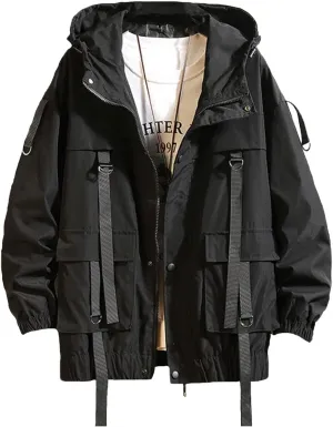 Nutriangee Mens Hip Hop Streetwear Windbreaker Jacket Lightweight Casual Outdoor Bomber with Ribbons Coat