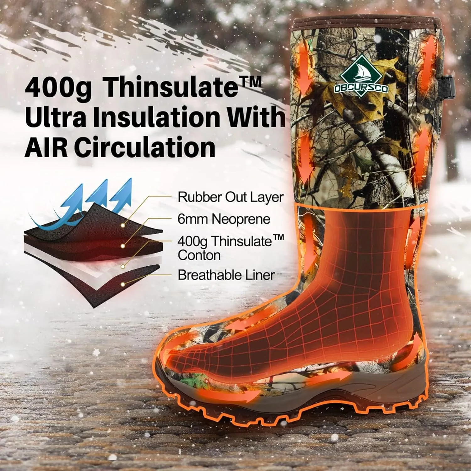 Obcursco 400g Insulation Rubber Hunting Boots for Men, Insulated Waterproof 6mm Neoprene Boot for Hunting (Camo)