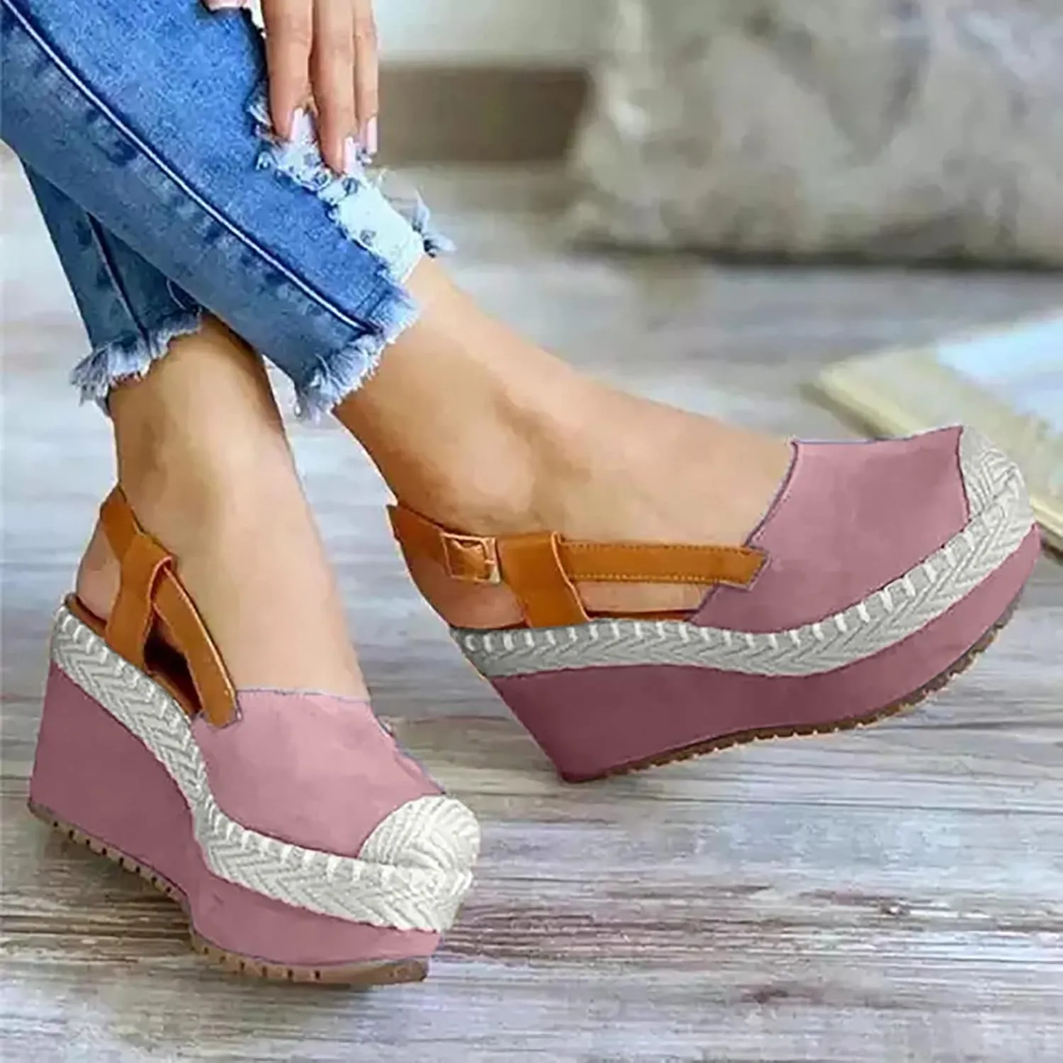 oiangi Women's Platform & Wedge Sandals Casual Summer Straps Buckle Slingback Baotou Closed Toes Heeled Sandals Comfy Boho Beach Shoes Sandalias Cuña