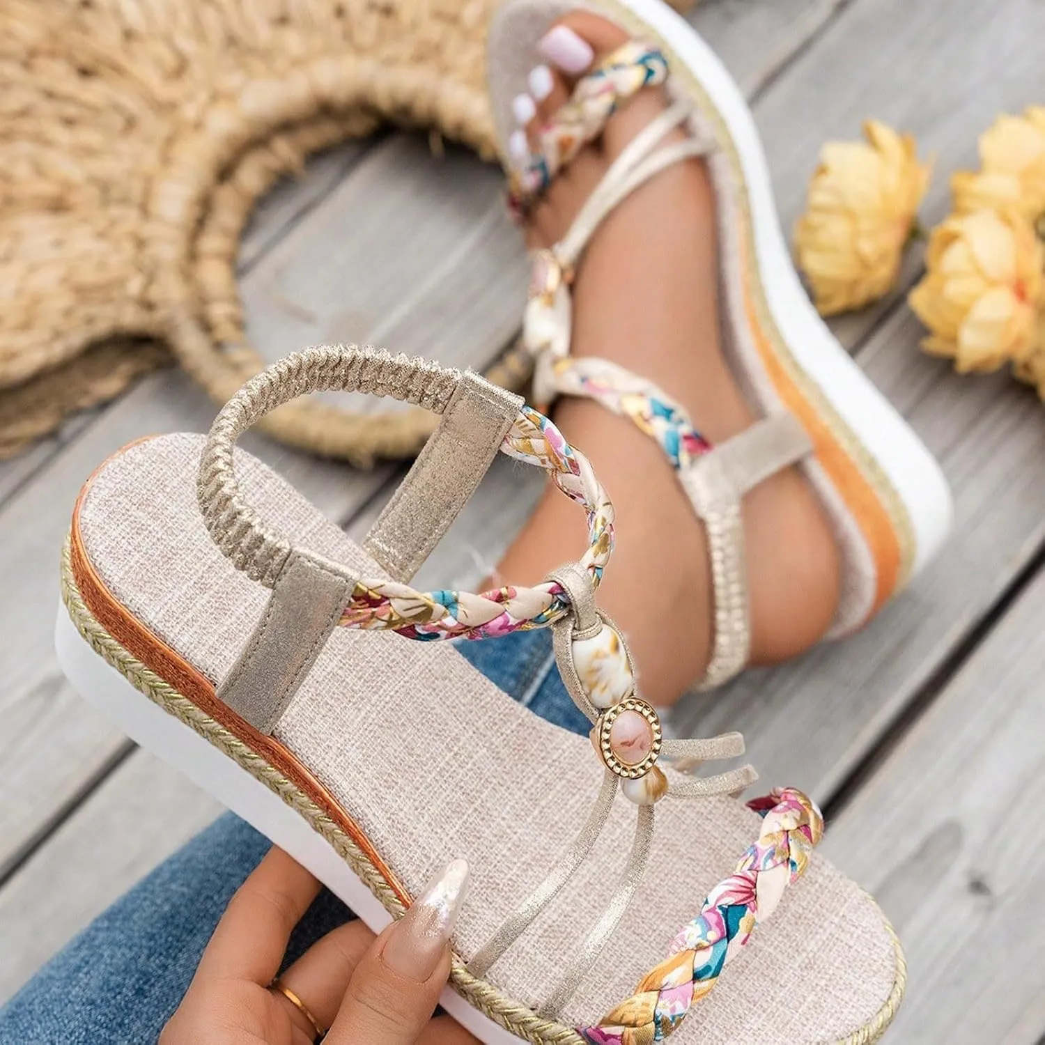 Orthopedic Wide Sandals for Women 2025, Strappy Arch Support Flat Platform Wedge Bohemian Woven Sandals Walking Open Toe Ankle Strap Comfortable Slip-On Summer Beach Shoes
