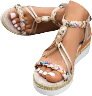 Orthopedic Wide Sandals for Women 2025, Strappy Arch Support Flat Platform Wedge Bohemian Woven Sandals Walking Open Toe Ankle Strap Comfortable Slip-On Summer Beach Shoes