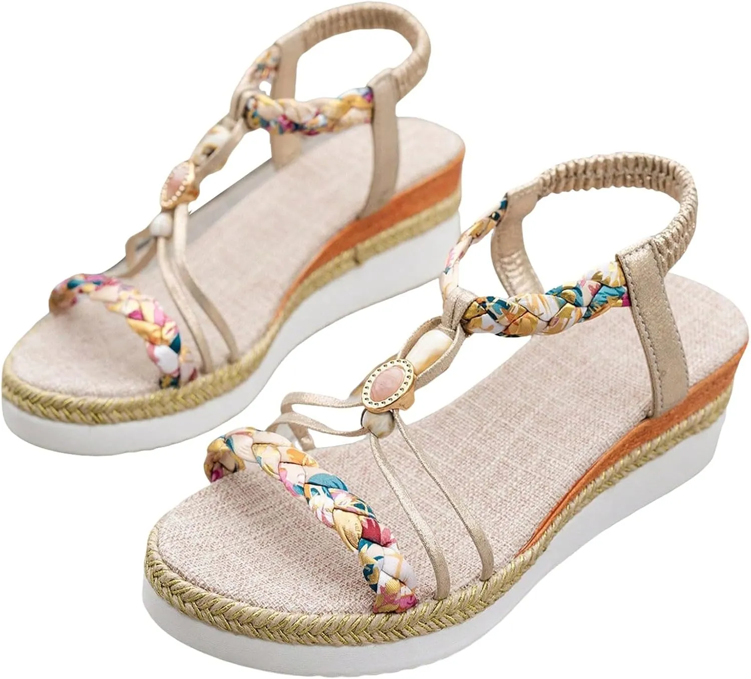 Orthopedic Wide Sandals for Women 2025, Strappy Arch Support Flat Platform Wedge Bohemian Woven Sandals Walking Open Toe Ankle Strap Comfortable Slip-On Summer Beach Shoes
