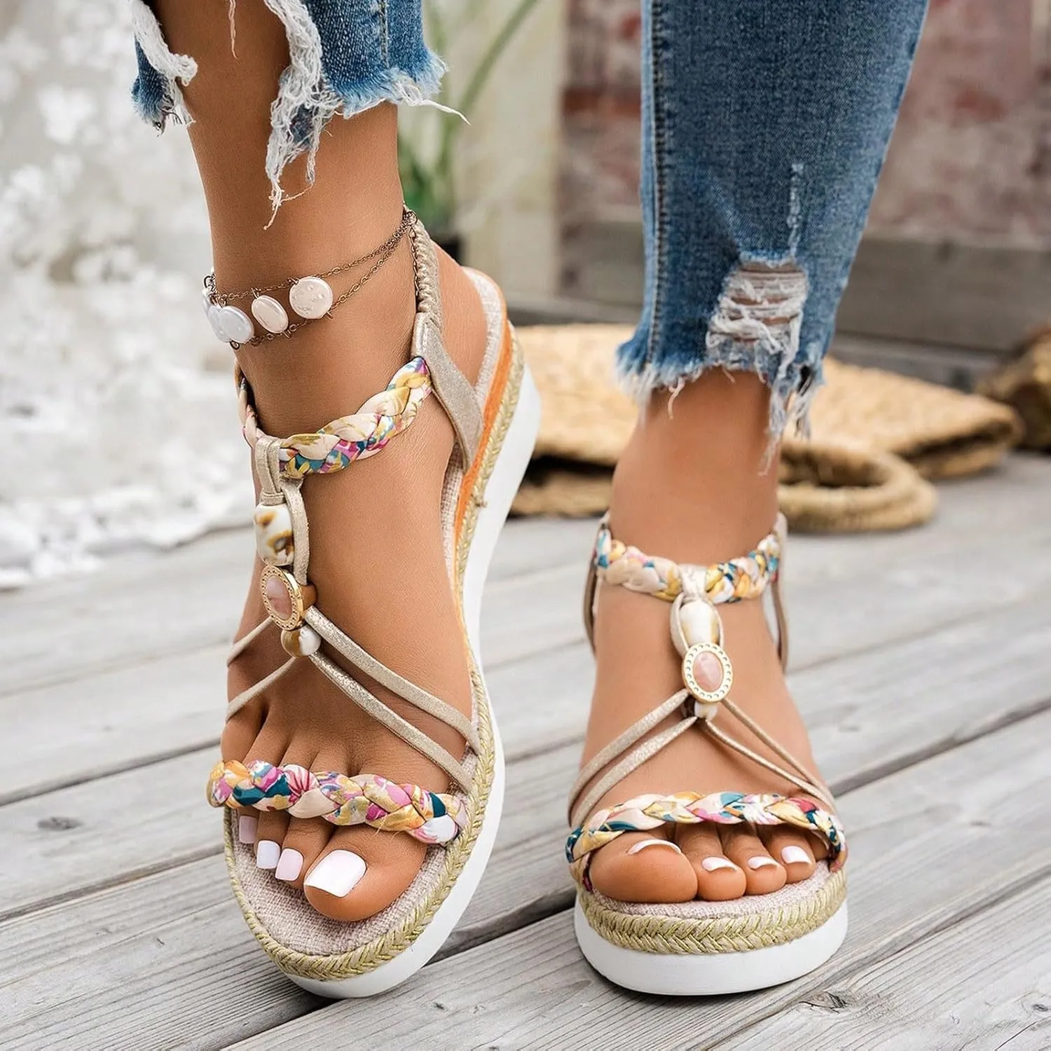 Orthopedic Wide Sandals for Women 2025, Strappy Arch Support Flat Platform Wedge Bohemian Woven Sandals Walking Open Toe Ankle Strap Comfortable Slip-On Summer Beach Shoes