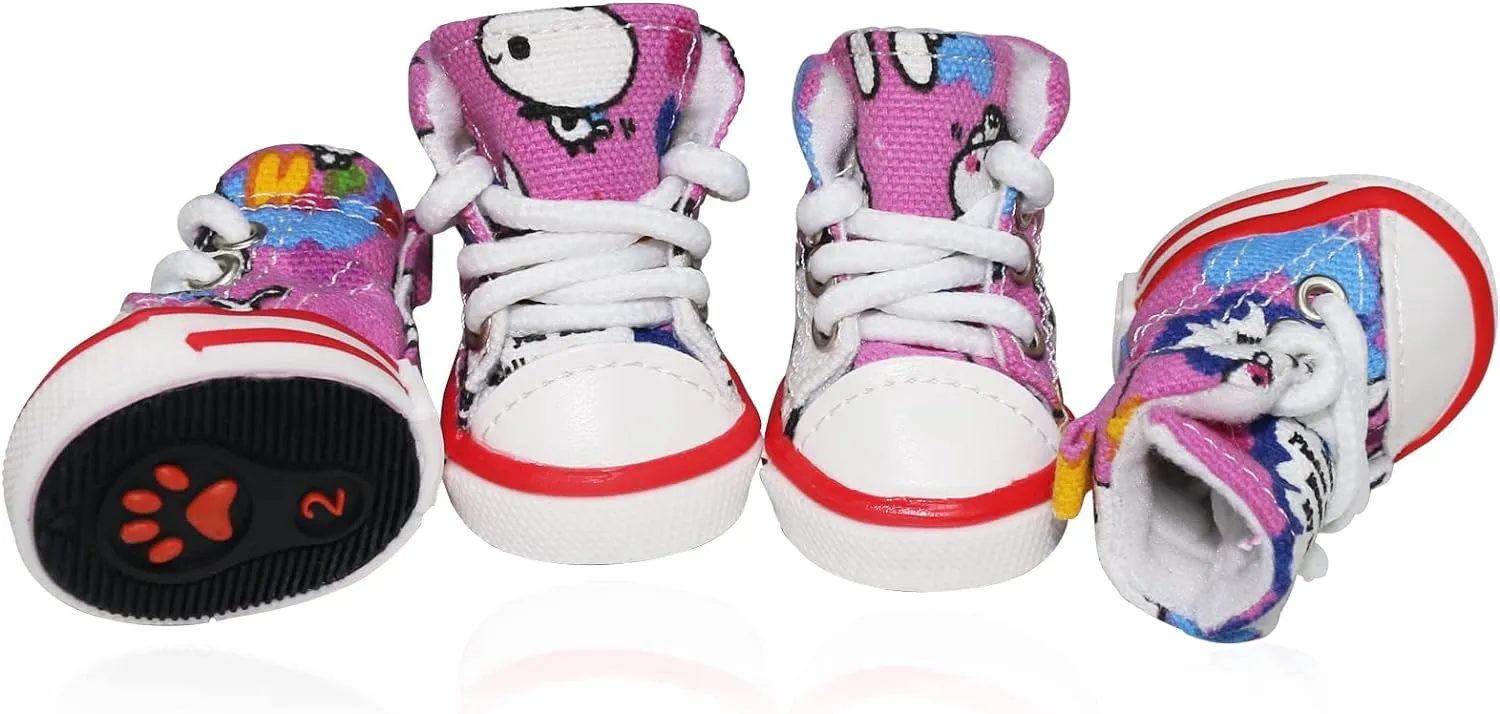 Pet Dog Shoes, BESUNTEK 4Pcs Puppy Canvas Sport Sneaker Boots for Outdoor Walking and Sports, Non-Slip Paw Protective Cover with Graffiti Design for Hot Pavement and Casual (Pink, #5)