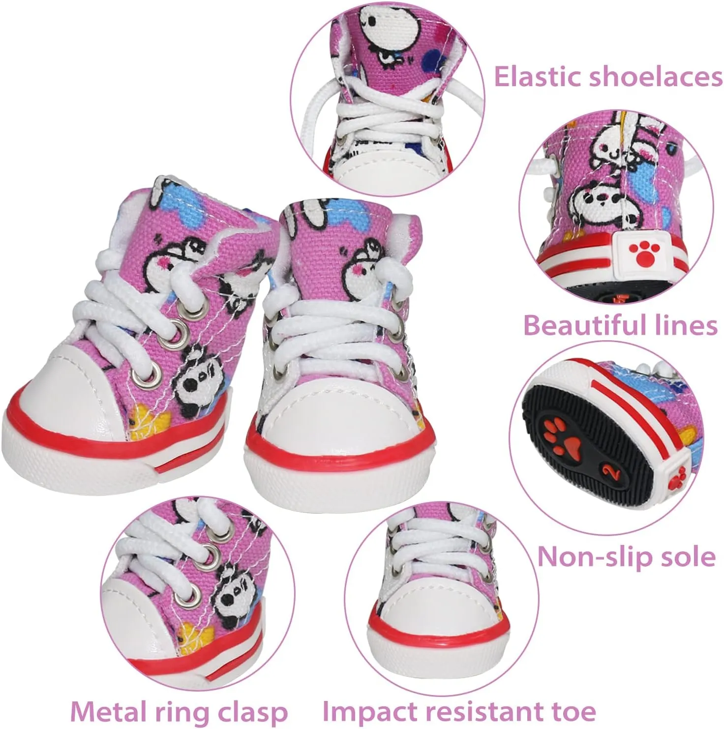 Pet Dog Shoes, BESUNTEK 4Pcs Puppy Canvas Sport Sneaker Boots for Outdoor Walking and Sports, Non-Slip Paw Protective Cover with Graffiti Design for Hot Pavement and Casual (Pink, #5)