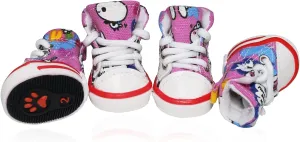 Pet Dog Shoes, BESUNTEK 4Pcs Puppy Canvas Sport Sneaker Boots for Outdoor Walking and Sports, Non-Slip Paw Protective Cover with Graffiti Design for Hot Pavement and Casual (Pink, #5)