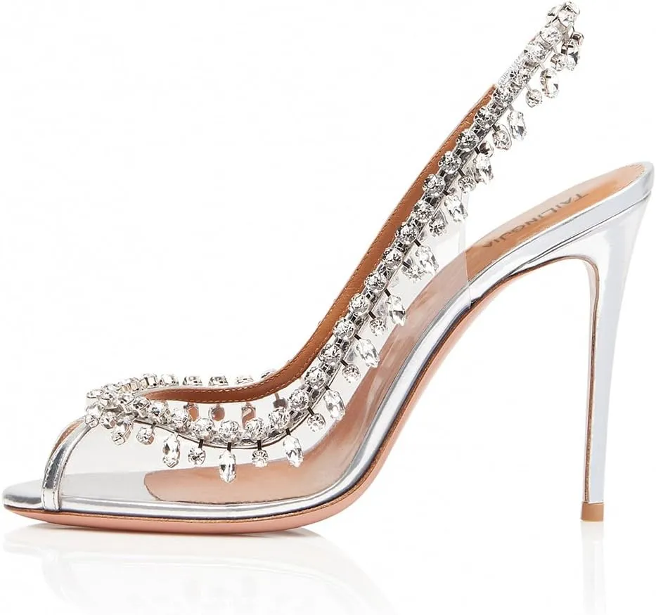 Rhinestone Clear Heels for Women Pointed Stiletto High Heels for Women Backless Peep Toe Slip On Heel Sandals