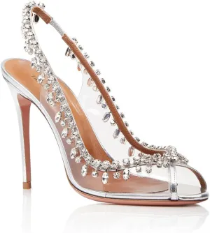 Rhinestone Clear Heels for Women Pointed Stiletto High Heels for Women Backless Peep Toe Slip On Heel Sandals