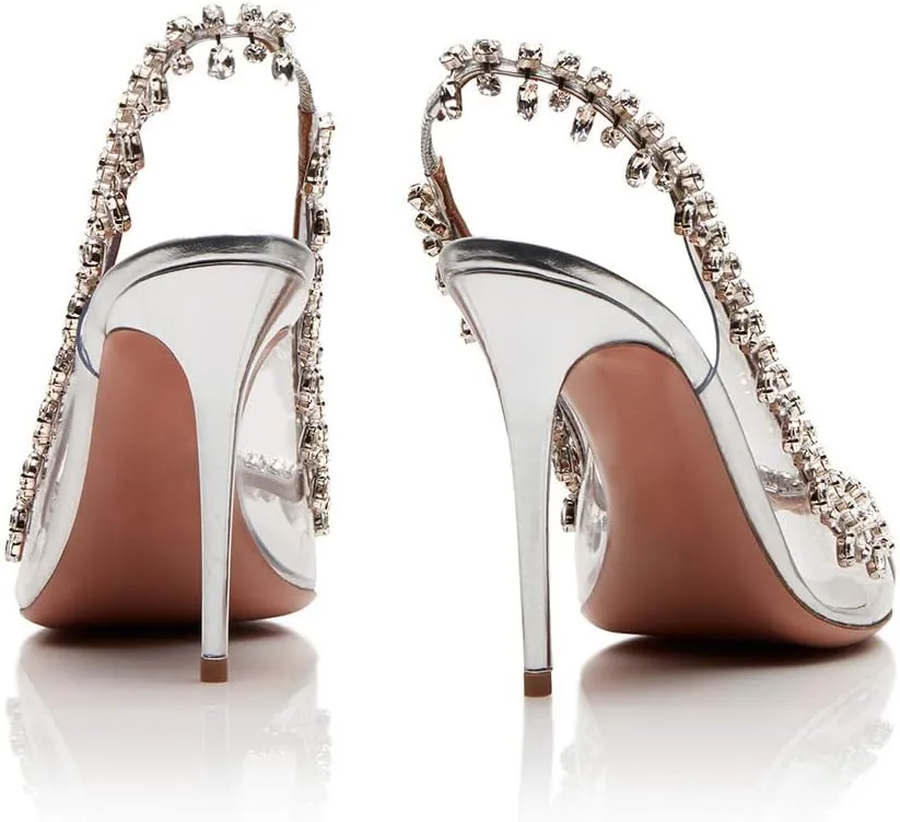 Rhinestone Clear Heels for Women Pointed Stiletto High Heels for Women Backless Peep Toe Slip On Heel Sandals