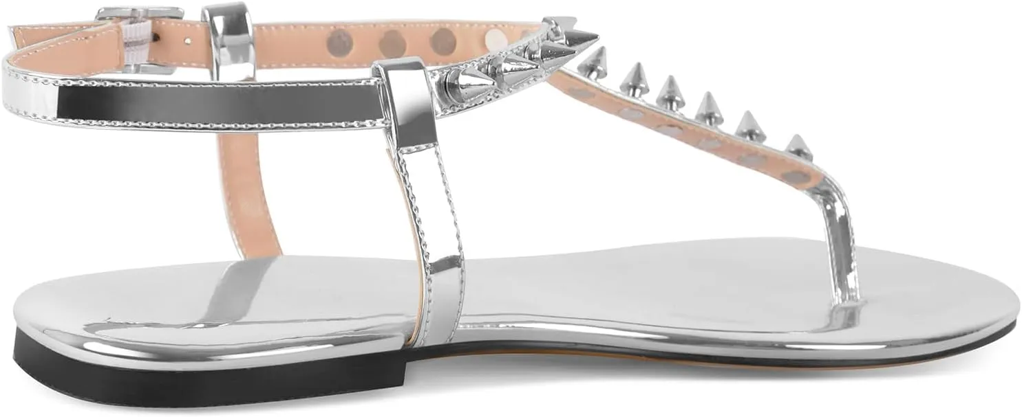 richealnini Studded Rivets Heels for Women Ankle Buckle Strap Flat Thong Sandals Comfort Casual Date Party Wedding Shoes