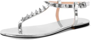richealnini Studded Rivets Heels for Women Ankle Buckle Strap Flat Thong Sandals Comfort Casual Date Party Wedding Shoes