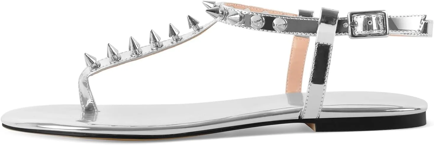 richealnini Studded Rivets Heels for Women Ankle Buckle Strap Flat Thong Sandals Comfort Casual Date Party Wedding Shoes