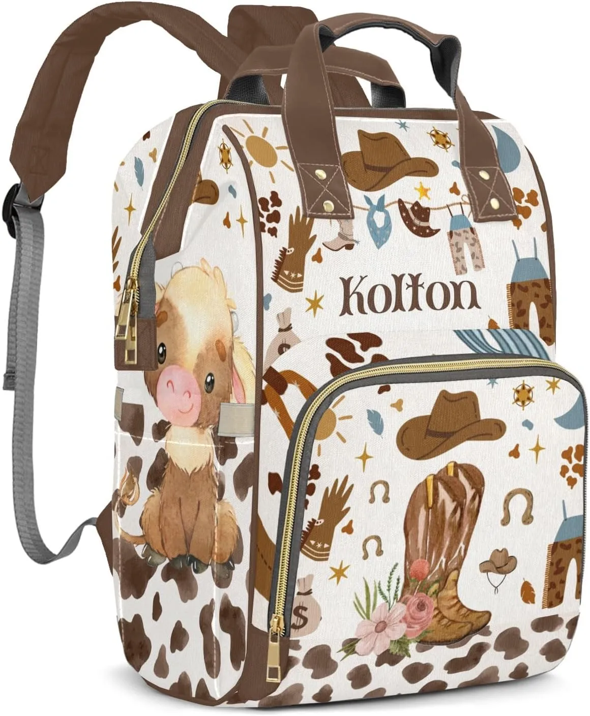 Rodeo Cowboy Cow Boots Personalized Large Capacity Diaper Bags,Custom Name Backpack Casual Daypack Bag Nappy Bag Gifts, Design 13, SFA055SS