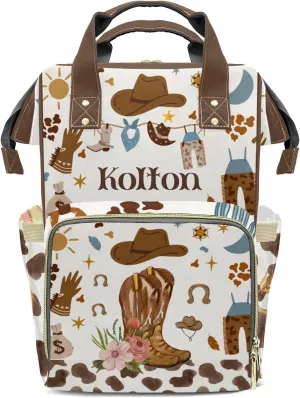 Rodeo Cowboy Cow Boots Personalized Large Capacity Diaper Bags,Custom Name Backpack Casual Daypack Bag Nappy Bag Gifts, Design 13, SFA055SS