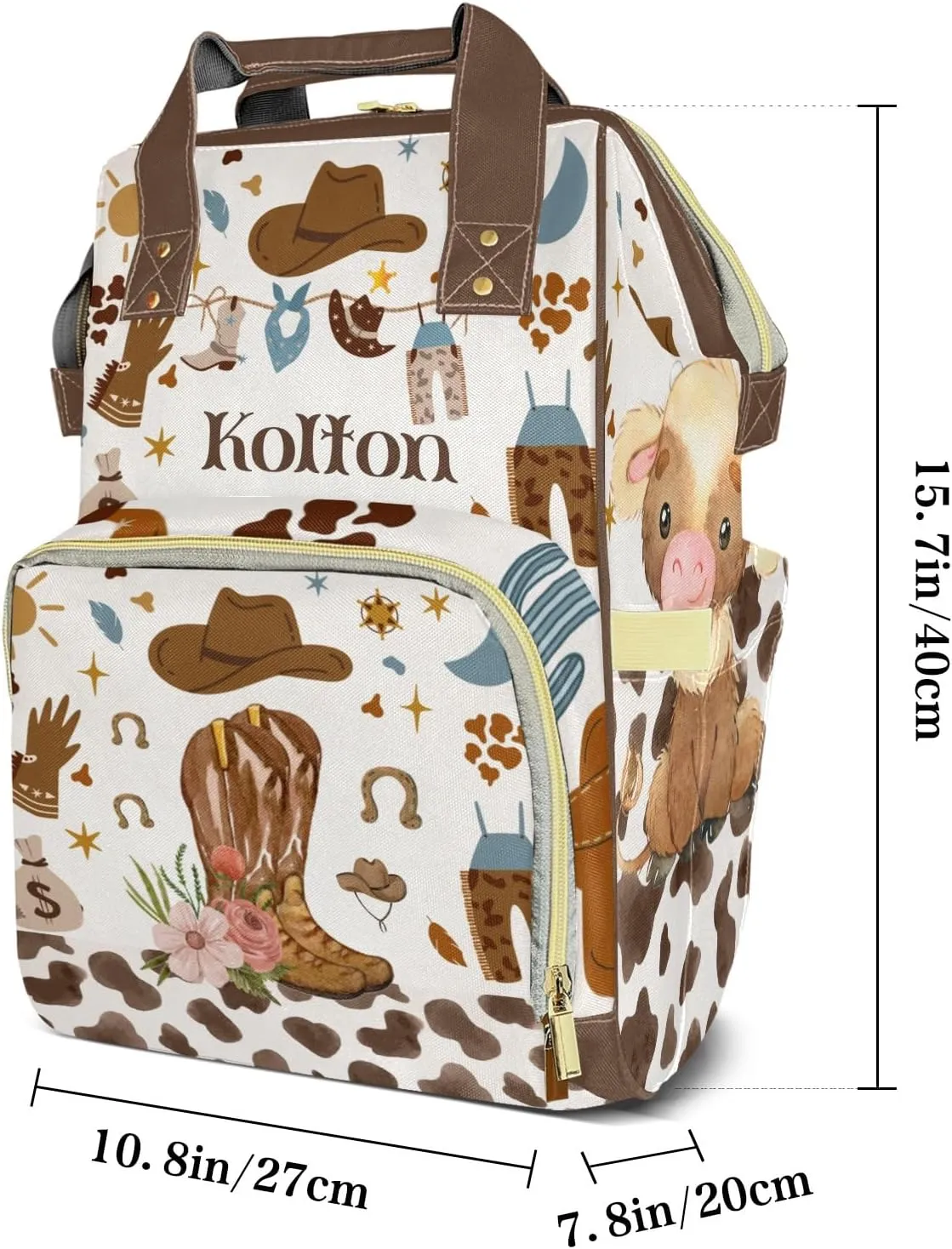 Rodeo Cowboy Cow Boots Personalized Large Capacity Diaper Bags,Custom Name Backpack Casual Daypack Bag Nappy Bag Gifts, Design 13, SFA055SS