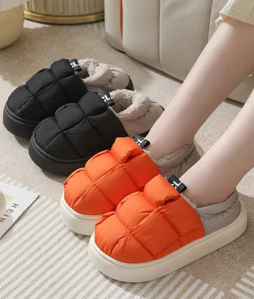 Rungion Furry Puffer Slippers for Women Men Warm Plush Lining House Slippers Comfy Wrap Heel Indoor Sandals Winter Outdoor