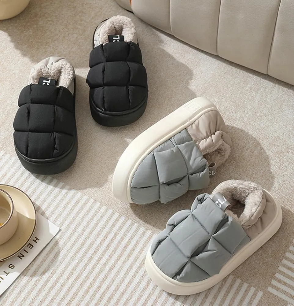 Rungion Furry Puffer Slippers for Women Men Warm Plush Lining House Slippers Comfy Wrap Heel Indoor Sandals Winter Outdoor