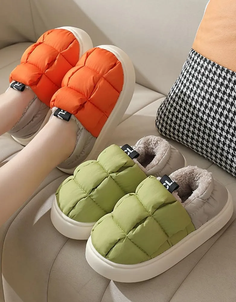 Rungion Furry Puffer Slippers for Women Men Warm Plush Lining House Slippers Comfy Wrap Heel Indoor Sandals Winter Outdoor