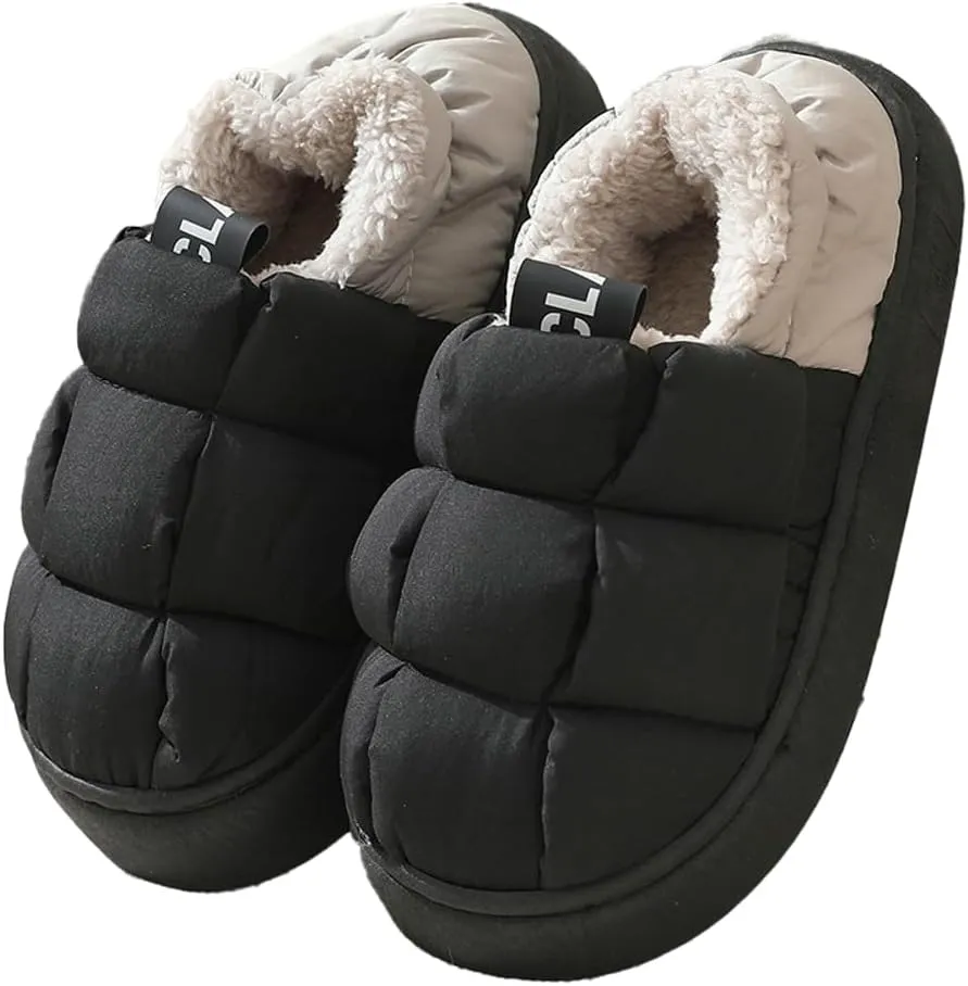 Rungion Furry Puffer Slippers for Women Men Warm Plush Lining House Slippers Comfy Wrap Heel Indoor Sandals Winter Outdoor