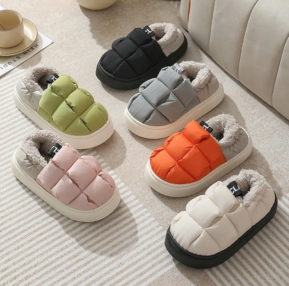 Rungion Furry Puffer Slippers for Women Men Warm Plush Lining House Slippers Comfy Wrap Heel Indoor Sandals Winter Outdoor