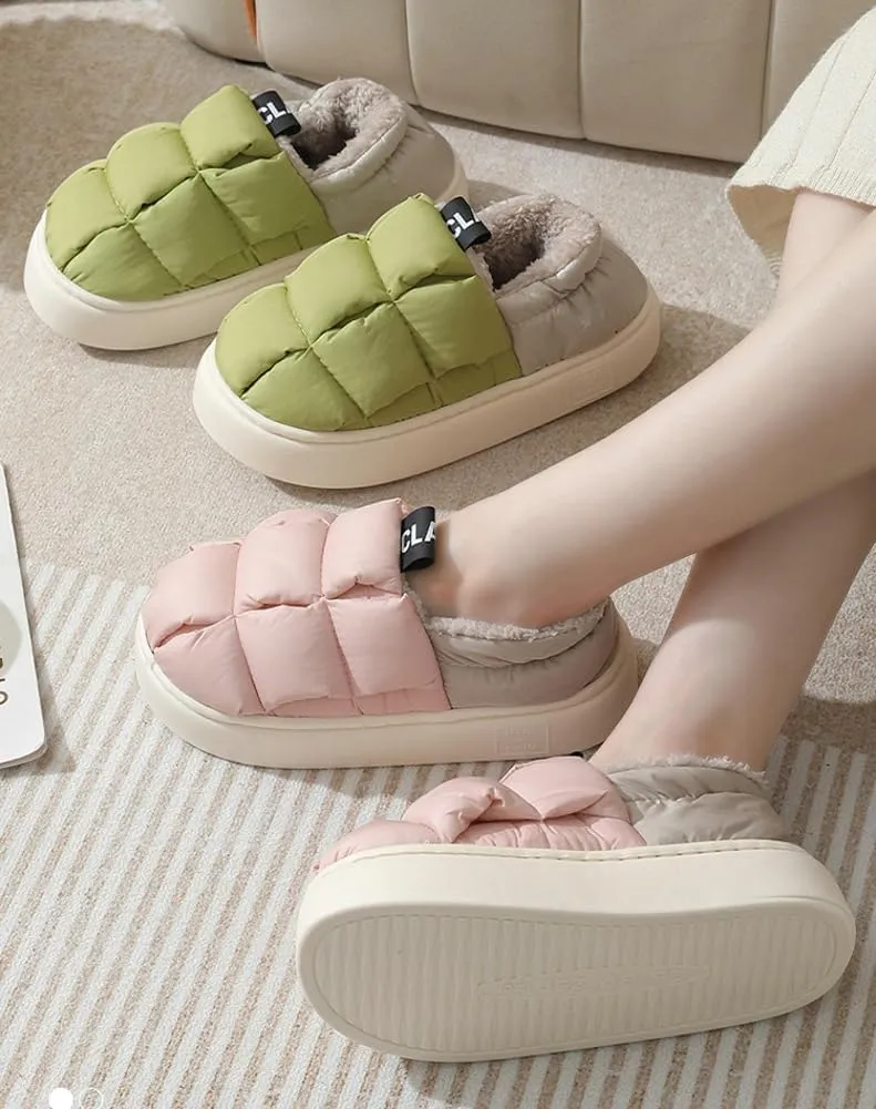 Rungion Furry Puffer Slippers for Women Men Warm Plush Lining House Slippers Comfy Wrap Heel Indoor Sandals Winter Outdoor