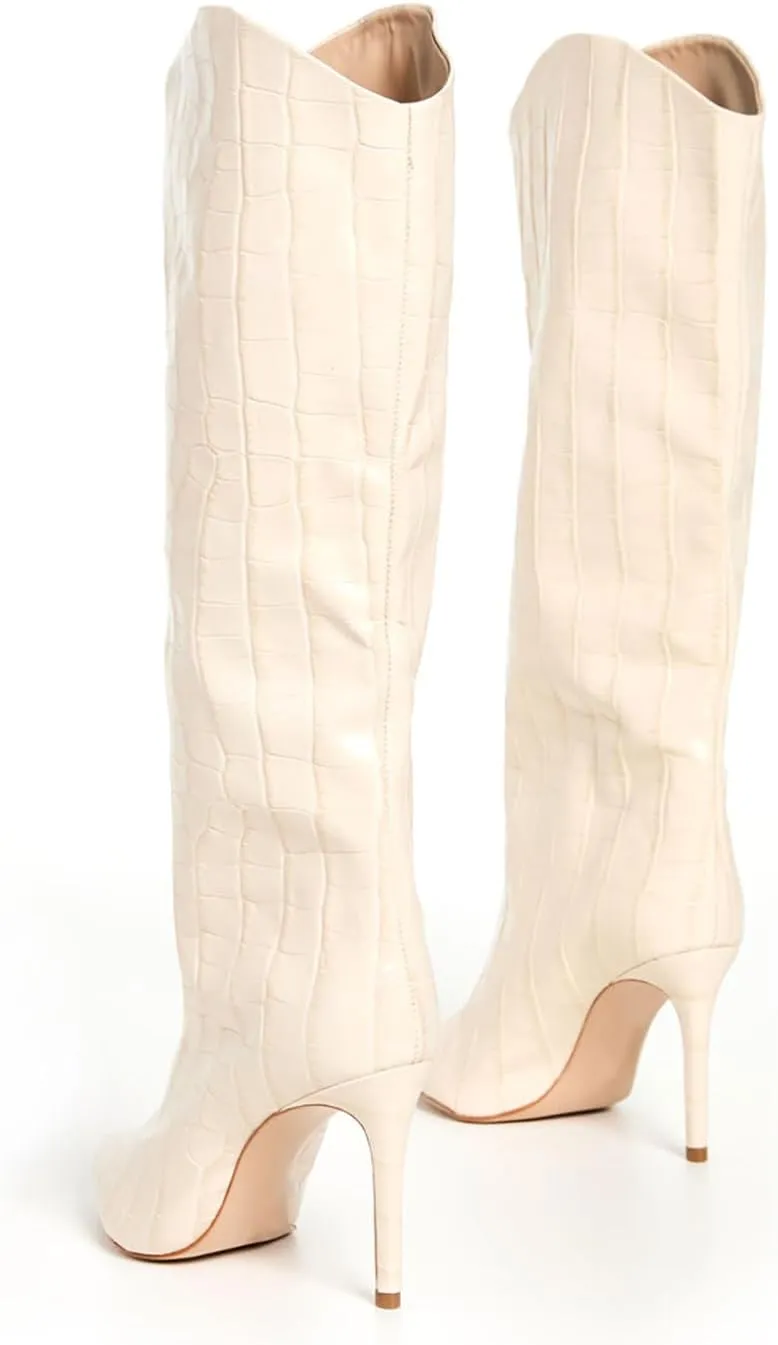sarawill Women's Sexy Pointed Toe Stiletto Heel Knee High Boots Fashion Crocodile Pull On Fall Winter Dressy High Heel Tall Boots for Women