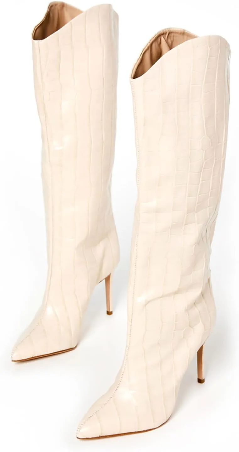 sarawill Women's Sexy Pointed Toe Stiletto Heel Knee High Boots Fashion Crocodile Pull On Fall Winter Dressy High Heel Tall Boots for Women