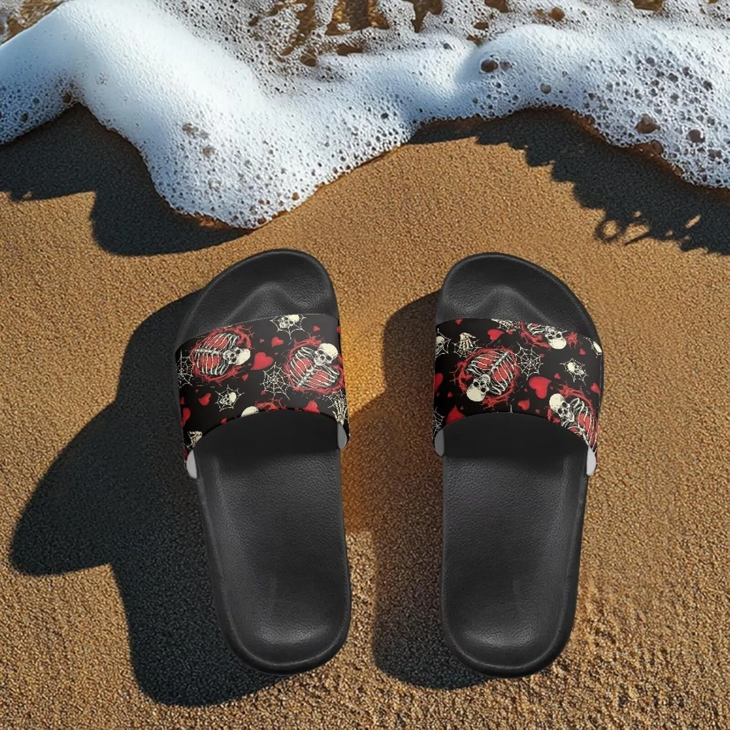 Skull Sandals Women Non-Slip Single Band Slide Sandals Non-Slip Soft Sole Flat Slippers For Indoor Outdoor