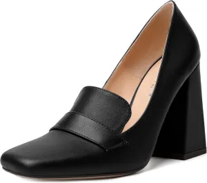 SKYSTERRY Womens Casual Slip On Square Toe Office Matte Block High Heel Loafers Shoes 4 Inch
