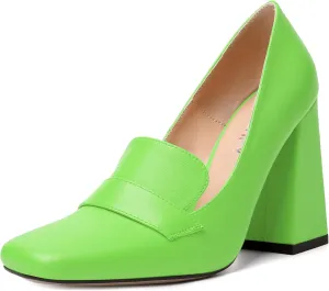 SKYSTERRY Womens Casual Slip On Square Toe Office Matte Block High Heel Loafers Shoes 4 Inch