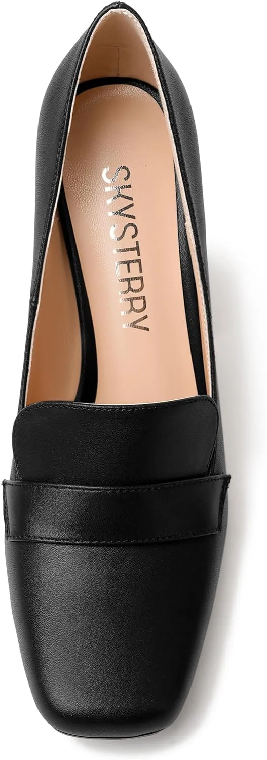 SKYSTERRY Womens Casual Slip On Square Toe Office Matte Block High Heel Loafers Shoes 4 Inch