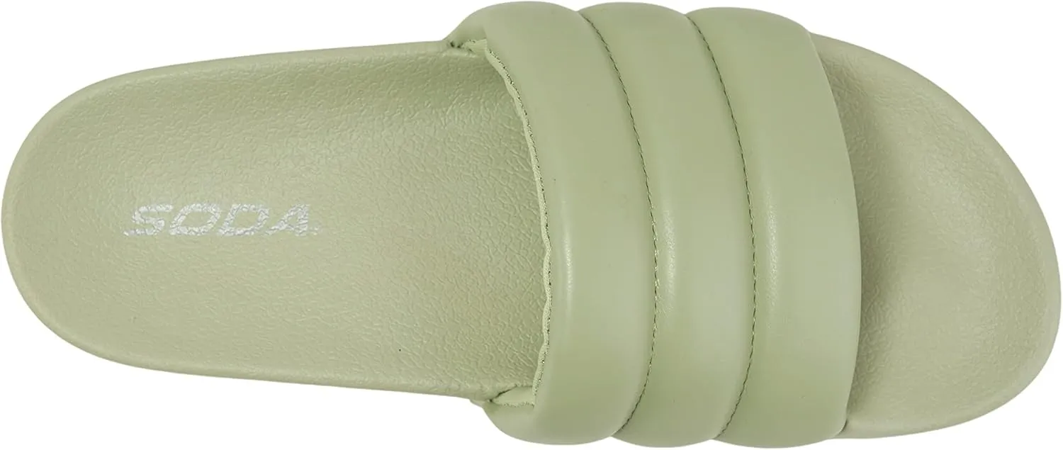 Soda BETWEEN ~ Women Flat Open Toe Single Plush Wide Strap With Fashion Footbed Slide Sandal