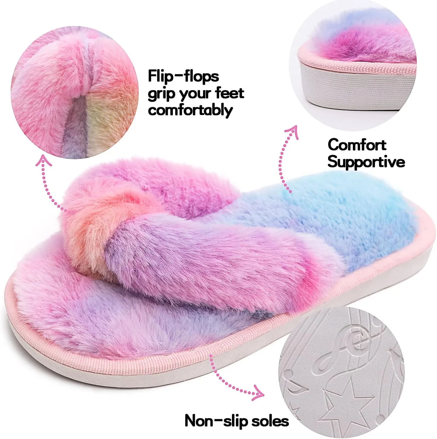 techcity Boys Girls Fuzzy Flip Flop Slippers Kids Cute Soft Comfy Open Toe Fluffy Slip On Thong Flat Sandals House Home Fur Slides Indoor Outdoor