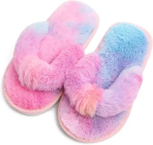 techcity Boys Girls Fuzzy Flip Flop Slippers Kids Cute Soft Comfy Open Toe Fluffy Slip On Thong Flat Sandals House Home Fur Slides Indoor Outdoor