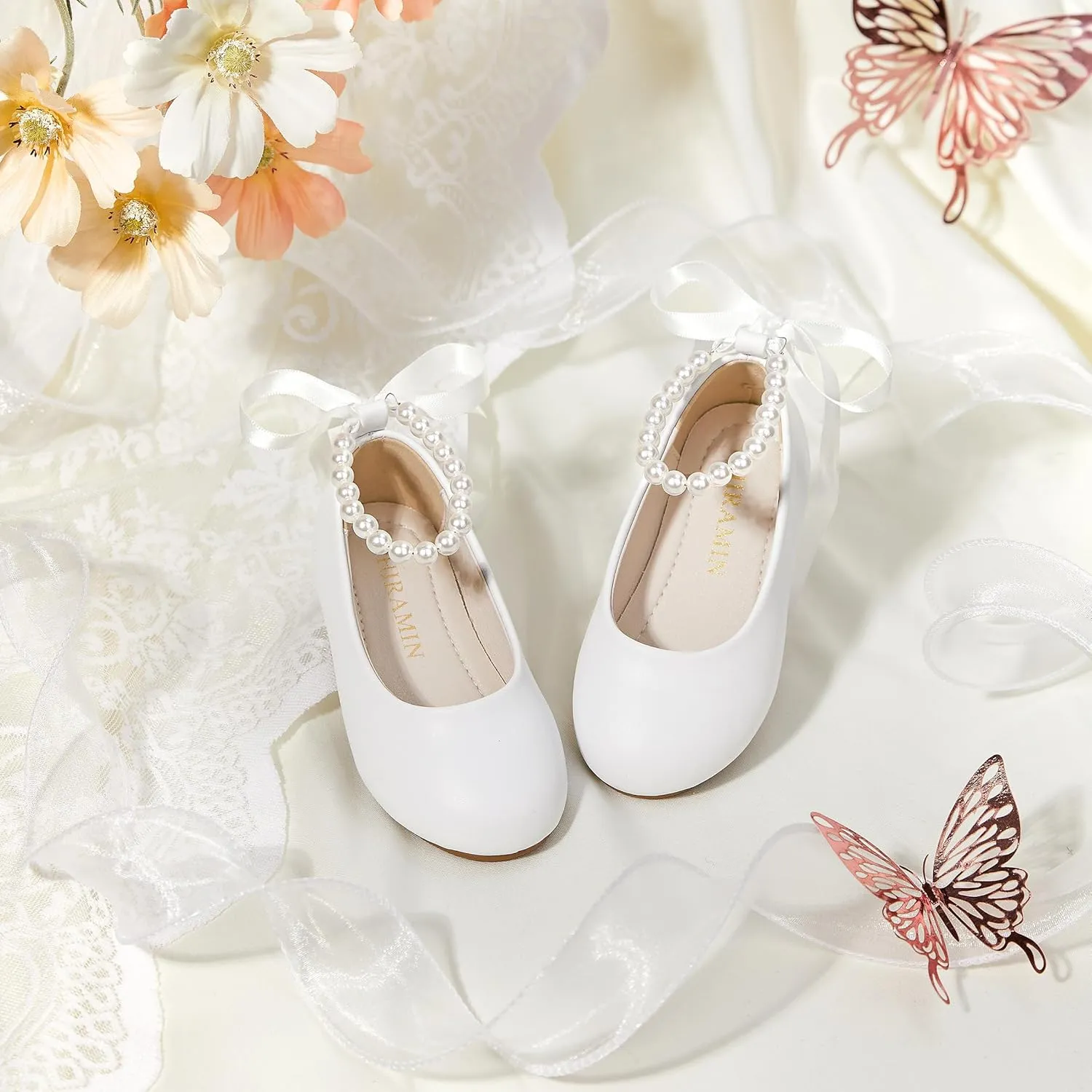 Toddler Flower Girl Dress Shoes - Little Girl Ballet Flats Pearl Strap for Wedding Party
