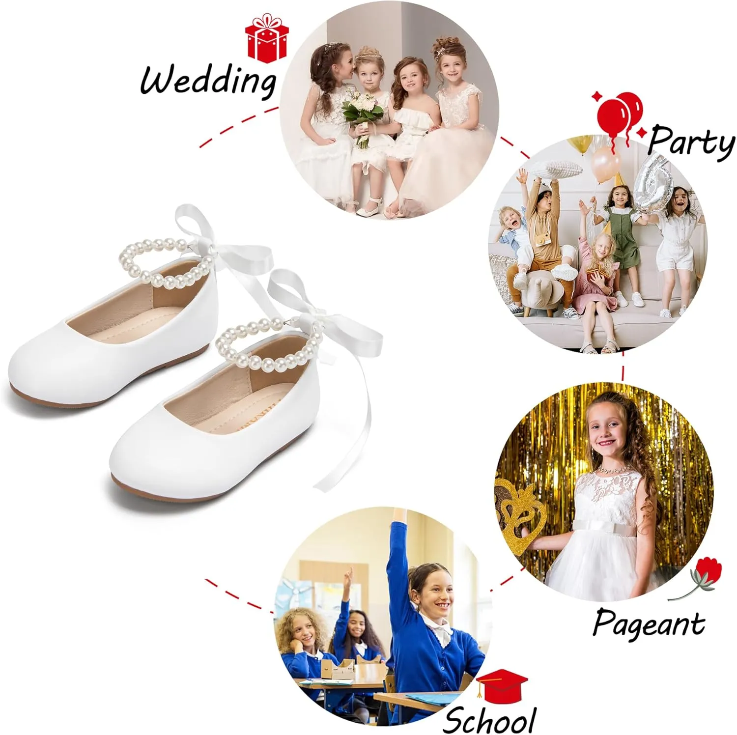 Toddler Flower Girl Dress Shoes - Little Girl Ballet Flats Pearl Strap for Wedding Party