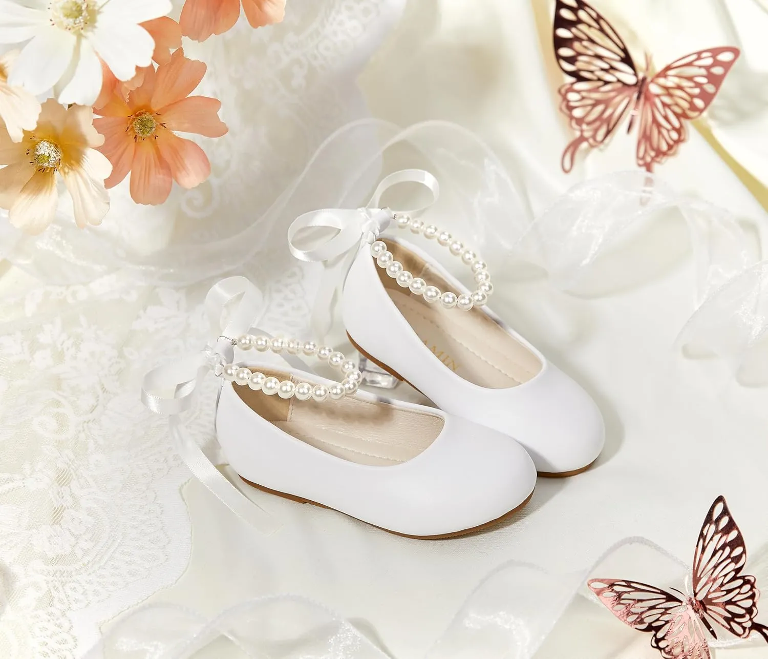 Toddler Flower Girl Dress Shoes - Little Girl Ballet Flats Pearl Strap for Wedding Party
