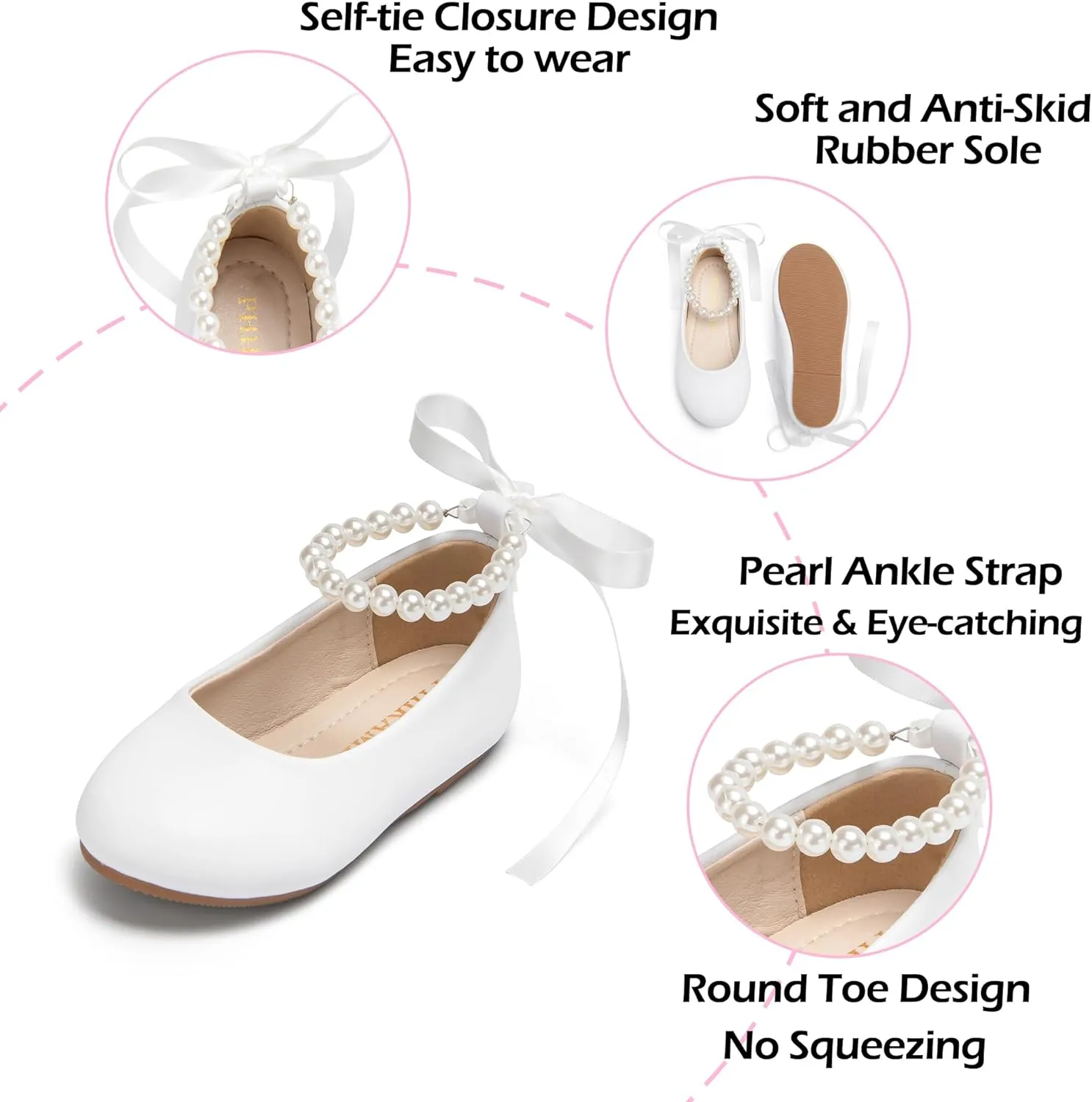 Toddler Flower Girl Dress Shoes - Little Girl Ballet Flats Pearl Strap for Wedding Party