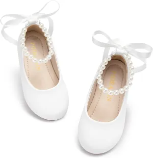 Toddler Flower Girl Dress Shoes - Little Girl Ballet Flats Pearl Strap for Wedding Party