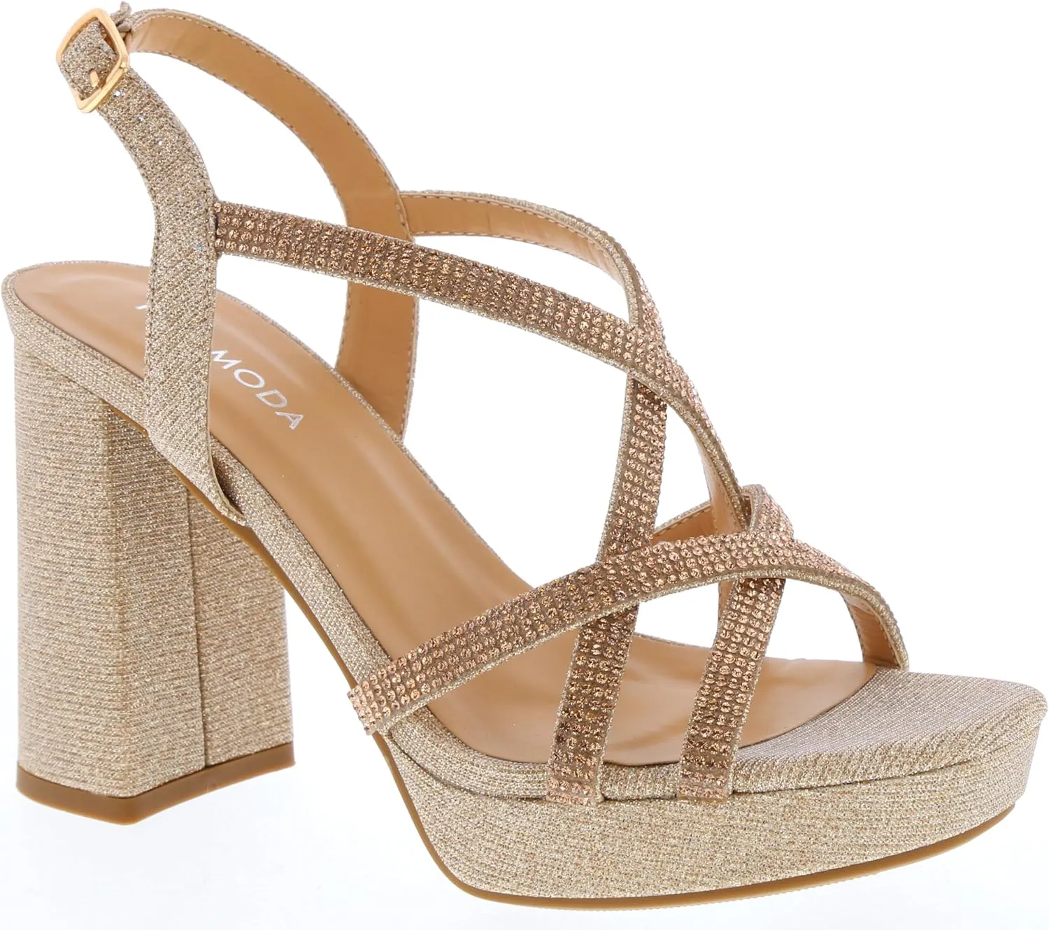 TOP Moda Women's Chunky Heel Ankle Strap Open Toe Platform Strappy Rhinestone Sandals