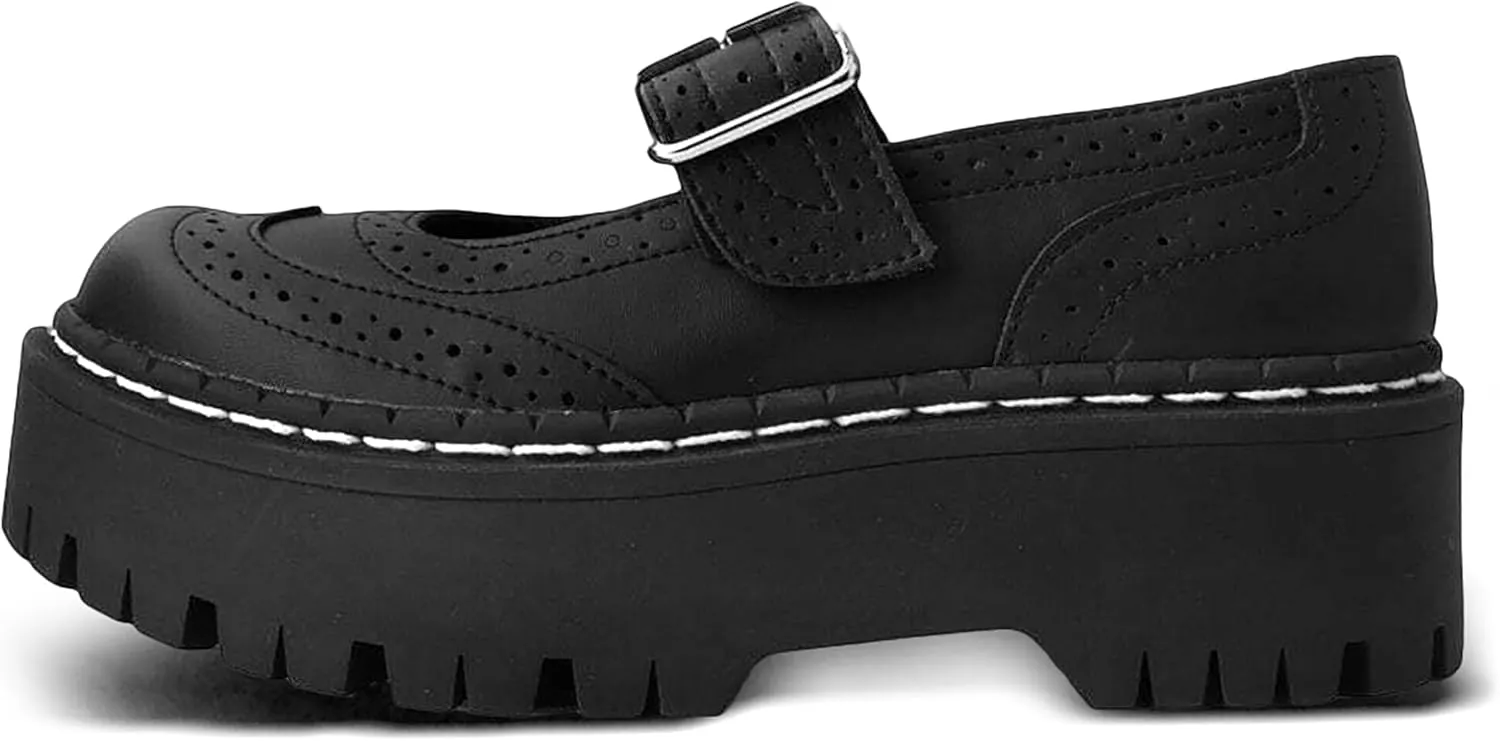 T.U.K. Black TUKskin™ Double Decker Mary Jane Shoes for Women, Round Toe Ankle Strap Platform Chunky Heel